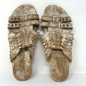 Bed Stu Tan White Slides Sandals Size 10